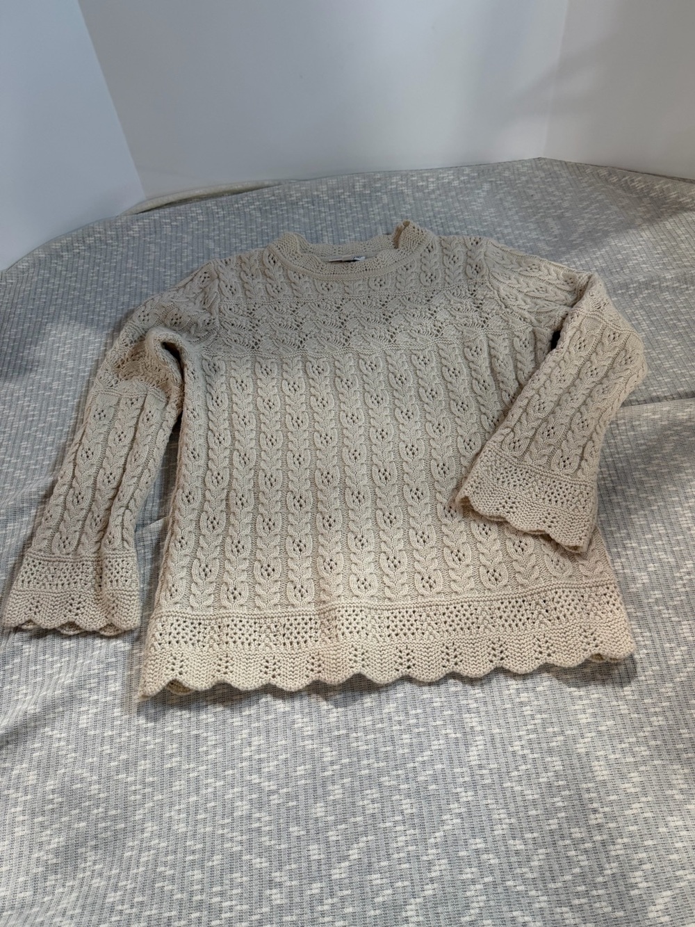 NorthStyle M Cream Wool Blend Cable Knit Scalloped Sweater Sézane Inspired